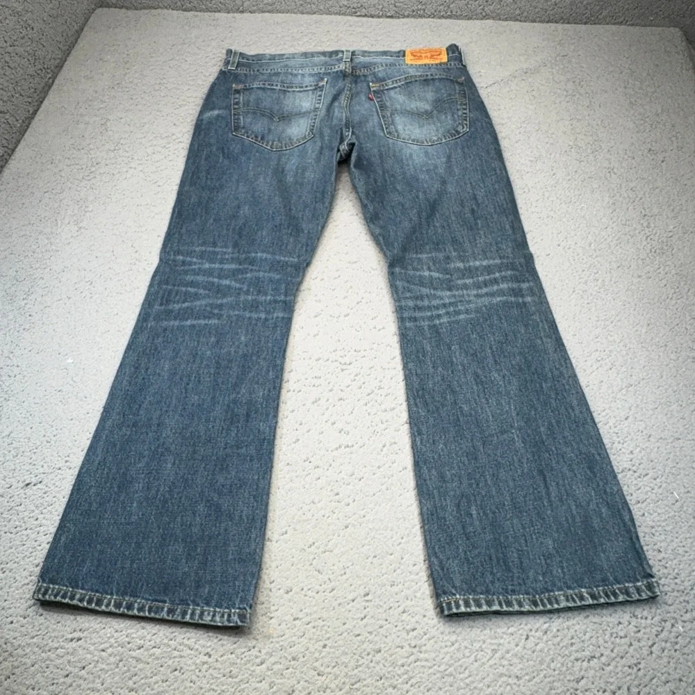 Levi's 527 Slim Bootcut Mens 36x30 Blue Denim Jeans Whiskers Faded Cotton Mid